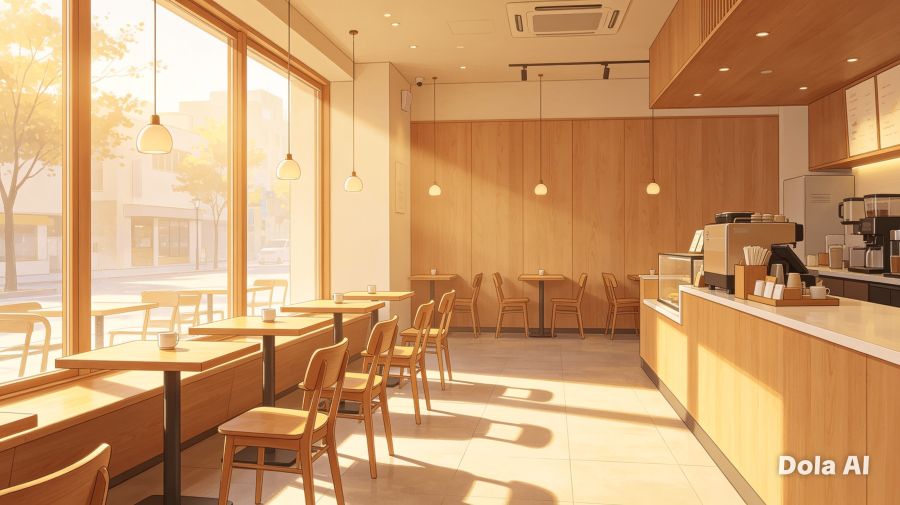 "Sebuah kafe modern bergaya minimalis dengan dominasi warna kayu, cahaya matahari pagi masuk melalui jendela besar, suasana hangat, ilustrasi realistis berkualitas tinggi."